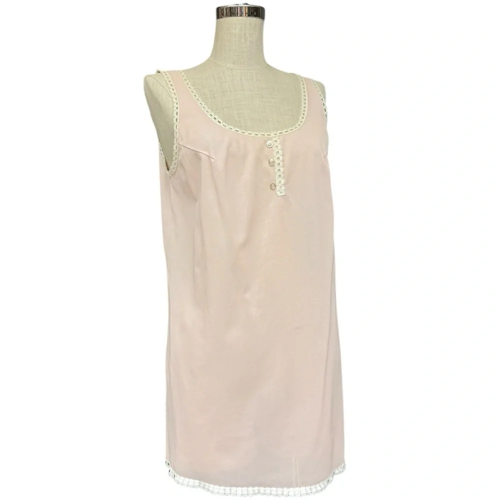 Vintage Blush Pink Sheer Slip Dress Lace Trim Sleeveless Size Large Babydoll